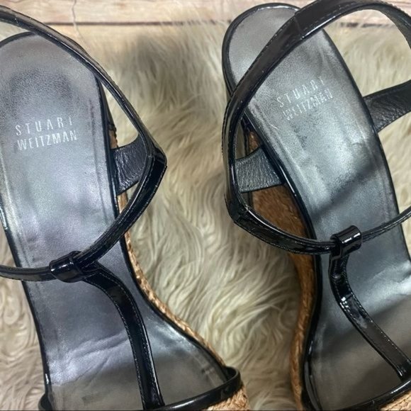 Stuart Weitzman | Natural Straw Espadrille Patent Leather Wedge Platform Sandals - Picture 7 of 11